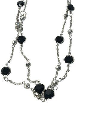 Charter Club Long Silver Tone Station Necklace Black Beads Faceted Career Long
